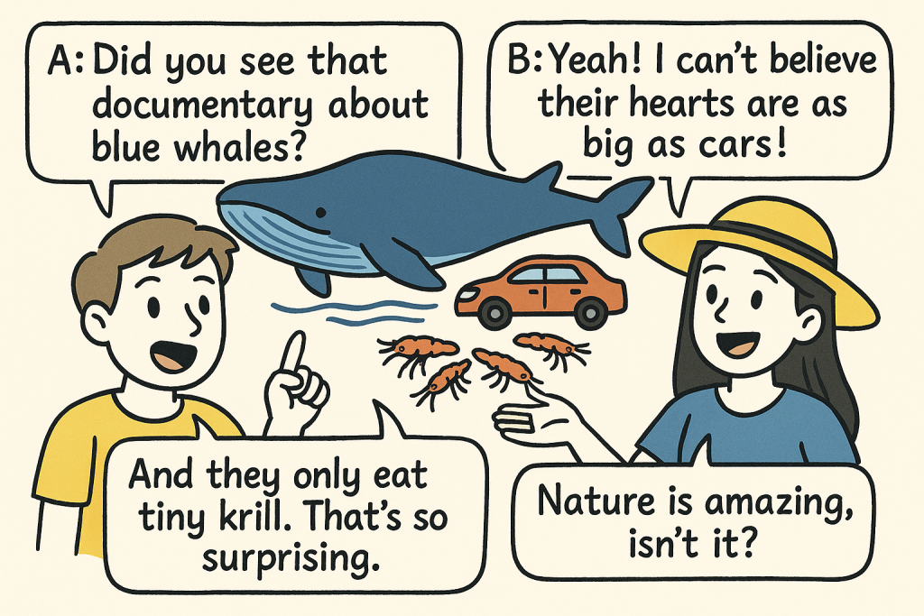 シロナガスクジラの巨大な心臓や小さなオキアミを食べる様子に驚く子どもたちの会話を描いた英語学習イラスト