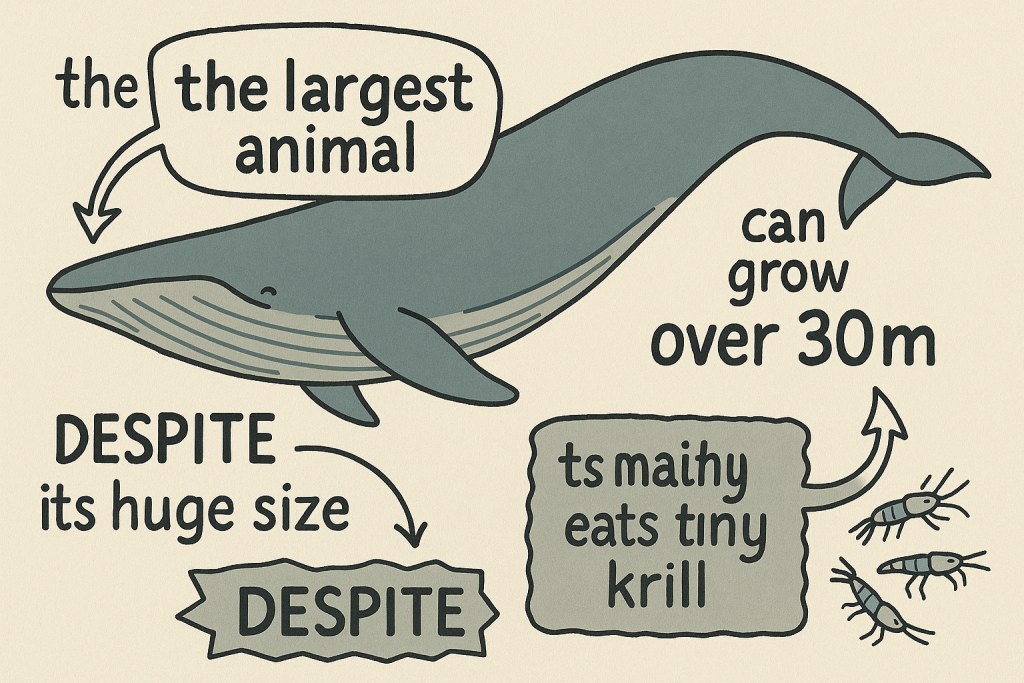 イメージでわかる英文法表現:世界最大の動物、シロナガスクジラ(The Largest Animal on Earth: The Blue Whale)