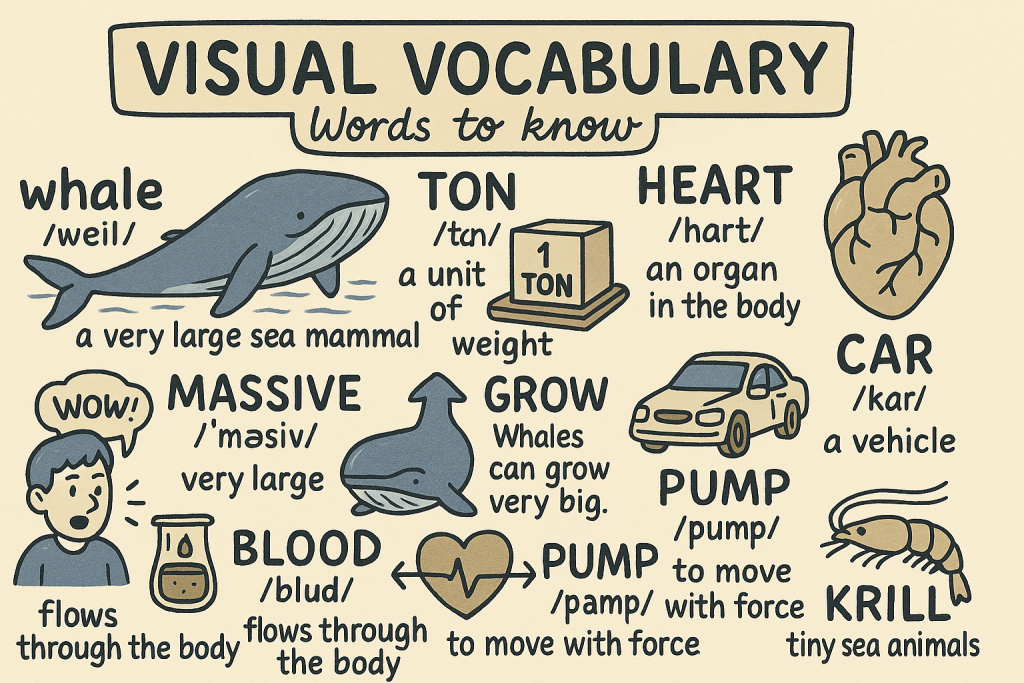 whale,ton,heart,car,pump,krillの英単語の意味をイラストで解説
