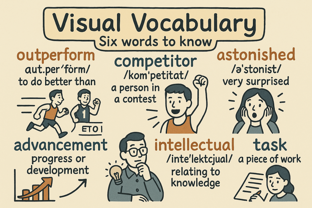 outperform,competitor,astonished,advancement,intellectual,taskの英単語の意味をイラストで解説