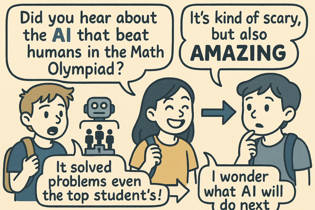 AIが数学オリンピックで人間に勝ったニュースについて話す中学生2人の会話を視覚化した英語学習用イラスト