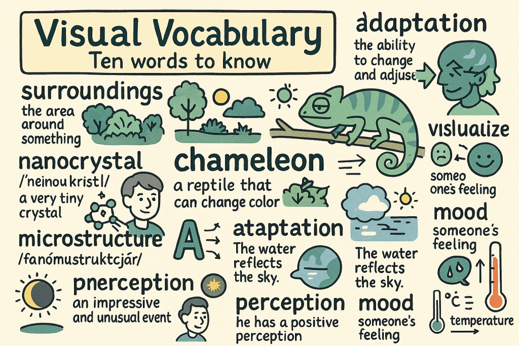 chameleon,surroundings,nanocrystal,reflect,mood,temperatureの英単語の意味をイラストで解説