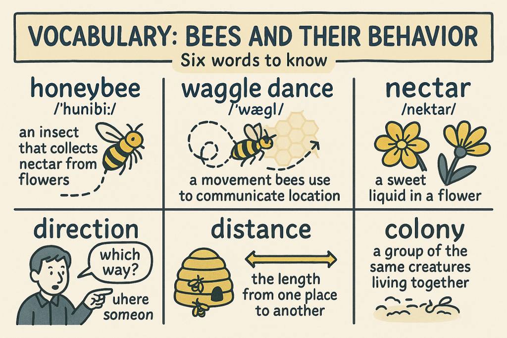 honeybee,waggle dance,nectar,direction,distance,colonyの英単語の意味をイラストで解説