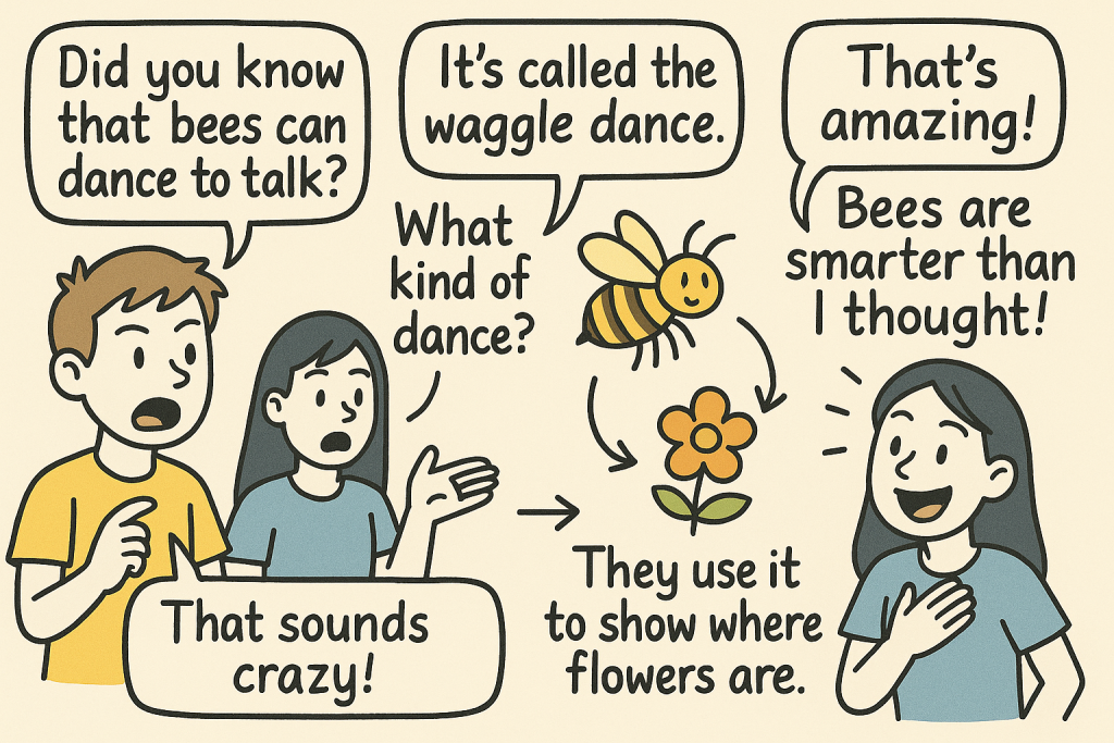 ミツバチのダンスを話題にした中学生の会話を描いた英語学習用イラスト。会話表現と語彙を視覚的に学べます。
