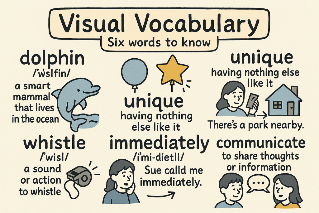 dolphin,unique,whistle,immediately,nearby,communicateの英単語の意味をイラストで解説