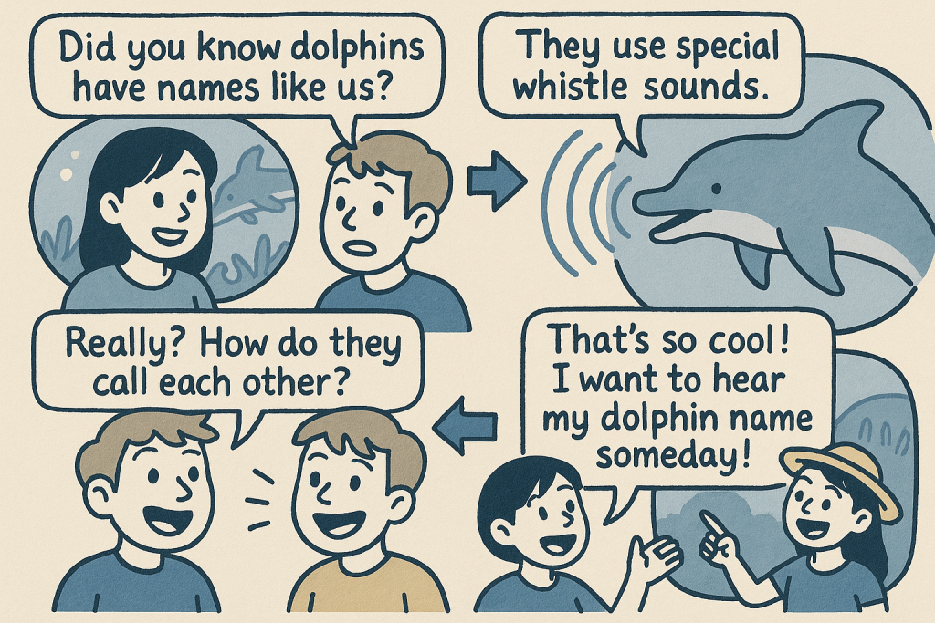 水族館での会話を通じて、イルカの「名前」や音によるコミュニケーションを英語で楽しく学べるストーリーイラスト。