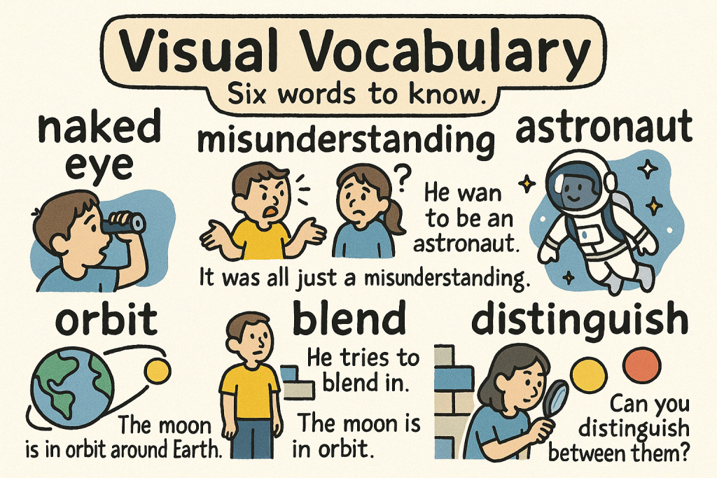 naked eye,misunderstanding,astronaut,orbit,blend,distinguishの英単語の意味をイラストで解説