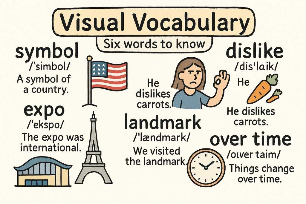 symbol,dislike,construct,expo,landmark,over timeの英単語の意味をイラストで解説