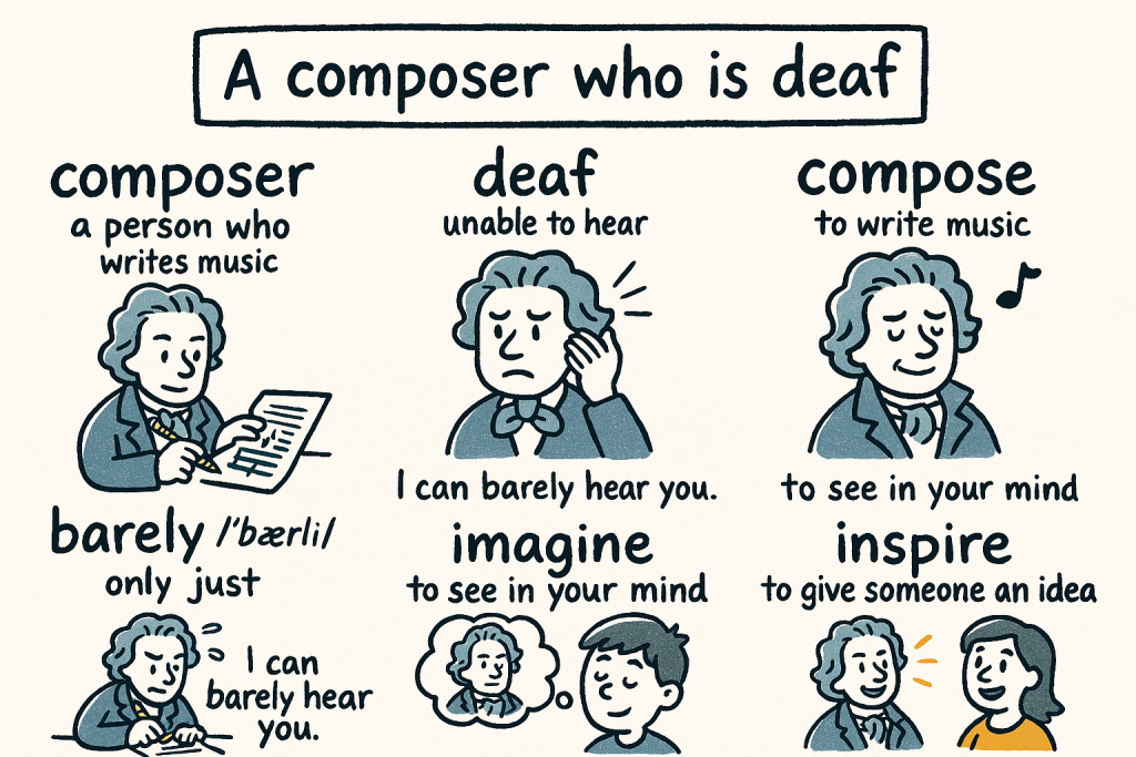 composer,deaf,compose,barely,imagine,inspireの英単語の意味をイラストで解説
