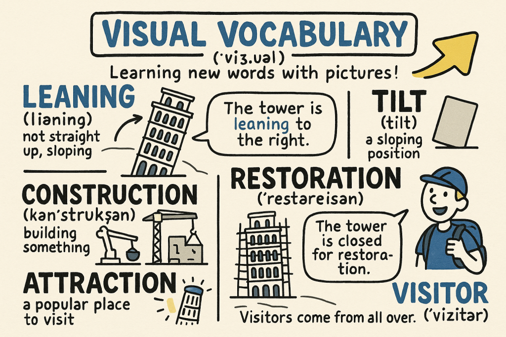leaning,tilt,construction,restoration,attraction,visitorの英単語の意味をイラストで解説