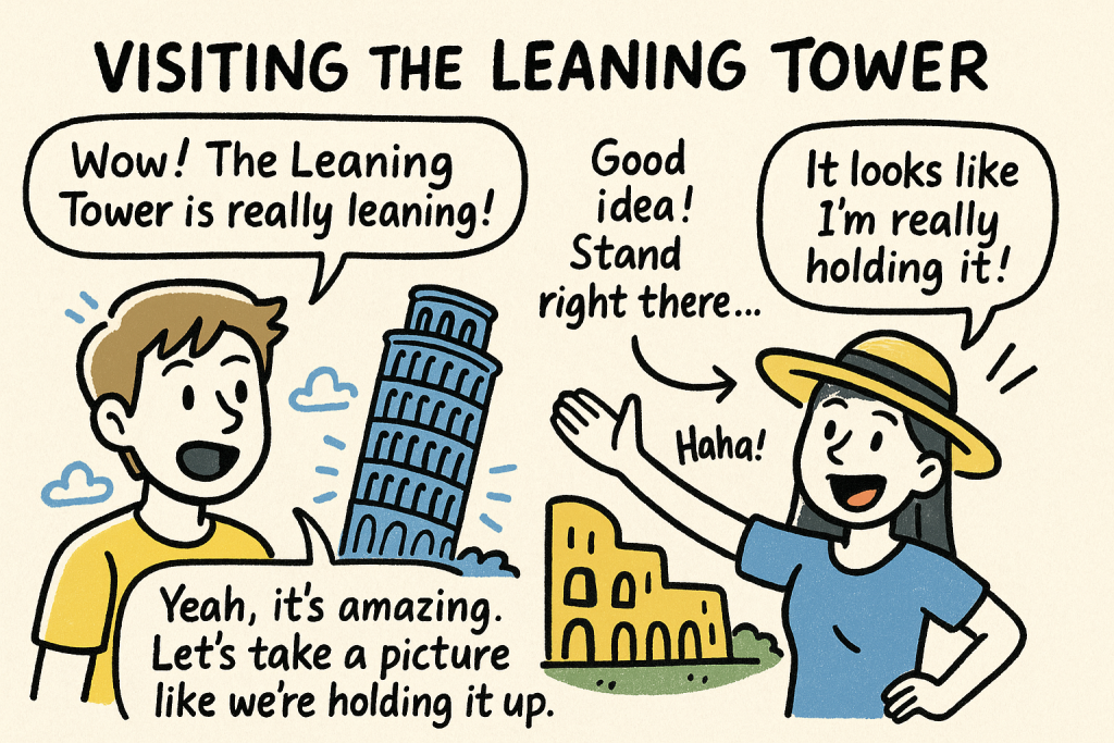 マンガでわかる「The Mystery of the Leaning Tower of Pisa」に関連する英会話