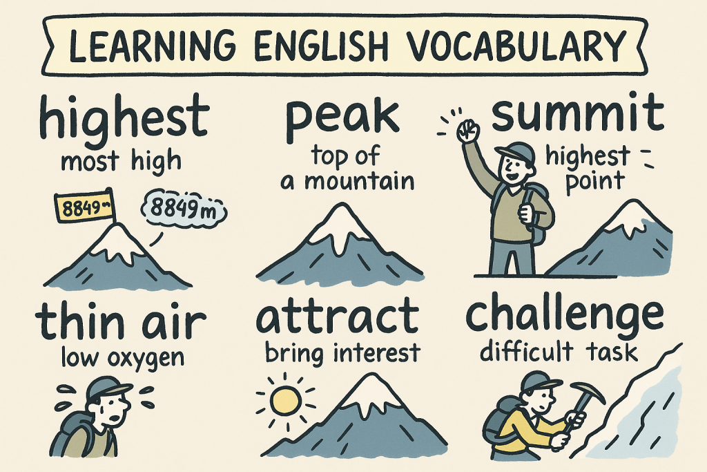 highest,peak,summit,thin air,attract,challengeの英単語の意味をイラストで解説