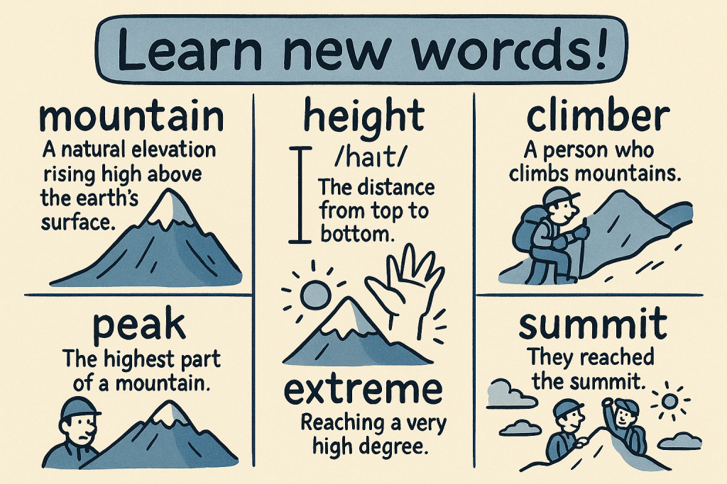 mountain,height,climber,peak,extreme,summitの英単語の意味をイラストで解説