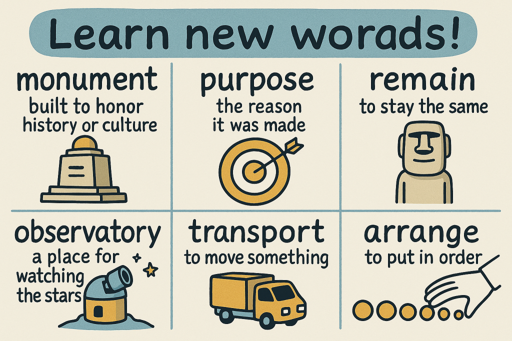 monument,purpose,remain,observatory,transport,arrangeの英単語の意味をイラストで解説