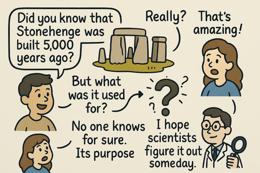 Stonehengeに関する英会話を視覚化した英語学習用ポスター。‘Did you know that Stonehenge was built 5,000 years ago?’ から始まり、‘What was it used for?’ ‘Its purpose remains a mystery.’ ‘I hope scientists figure it out someday.’ などのセリフを、登場人物とイラスト、吹き出しで展開。