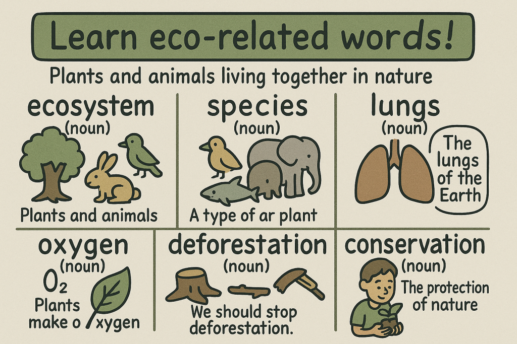 ecosystem,species,lungs,oxygen,deforestation,conservationの英単語の意味をイラストで解説