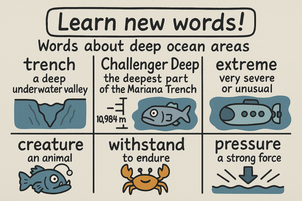 trench,Challenger Deep,extreme,creature,withstand,pressureの英単語の意味をイラストで解説