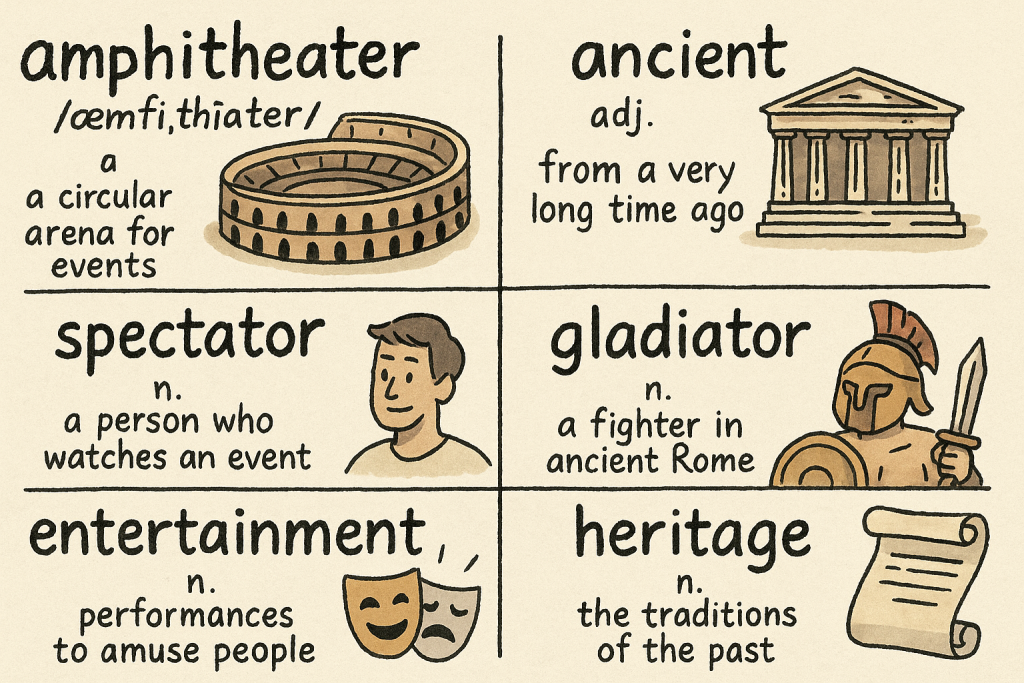 amphitheater,ancient,spectator,gladiator,entertainment,heritage の英単語をイラストで解説