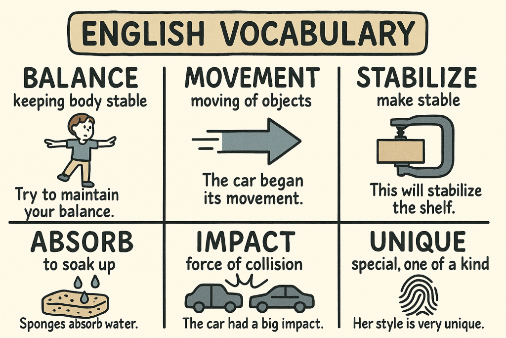balance,movement,stabilize,absorb,impact,uniqueの英単語の意味をイラストで解説