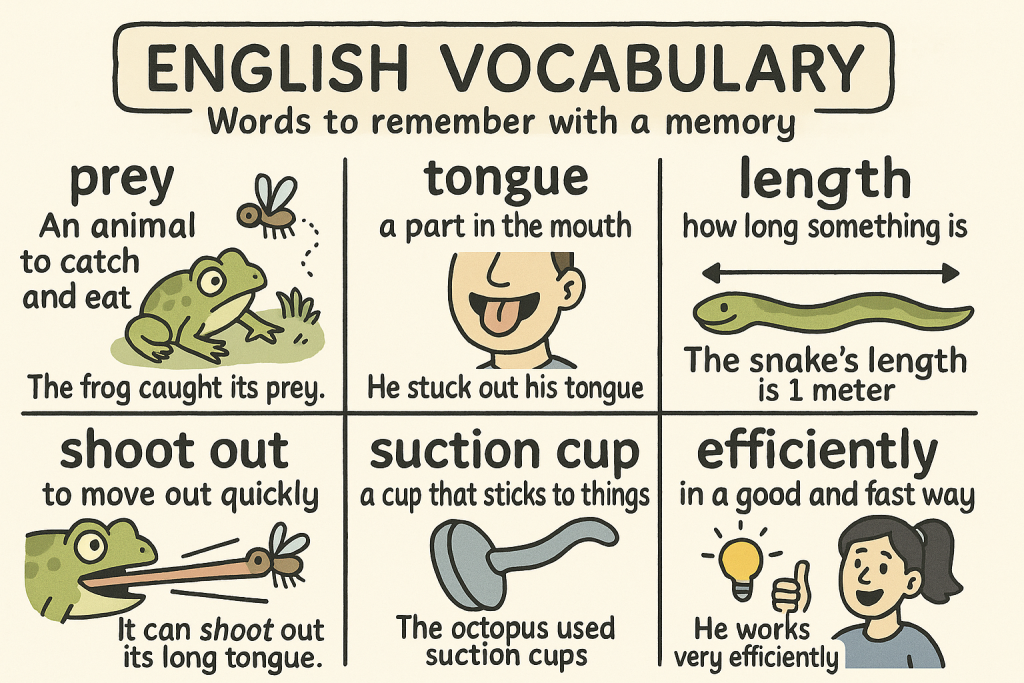 prey,tongue,length,shoot out,suction cup,efficientlyの英単語の意味をイラストで解説