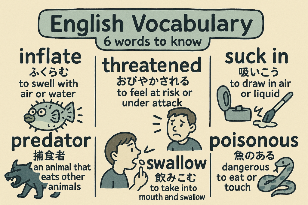 inflate,threatened,suck in,predator,swallow,poisonousの英単語の意味をイラストで解説