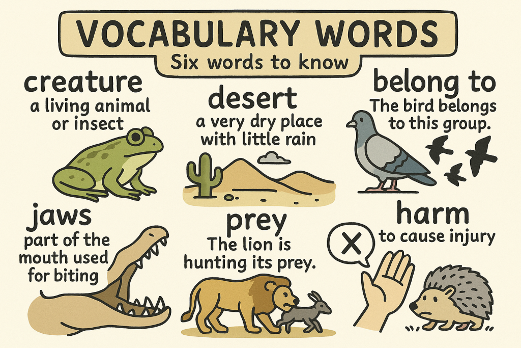 creature,desert,belong to,jaws,prey,harm の英単語をイラストで解説