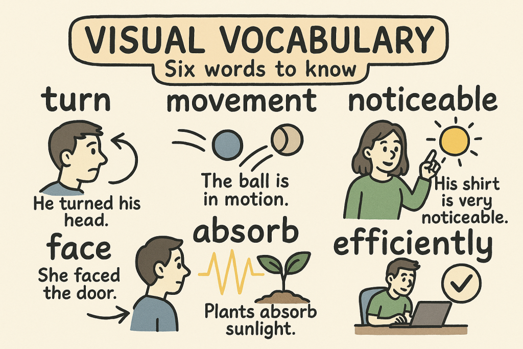 turn,movement,noticeable,face,absorb,efficientlyの英単語の意味をイラストで解説