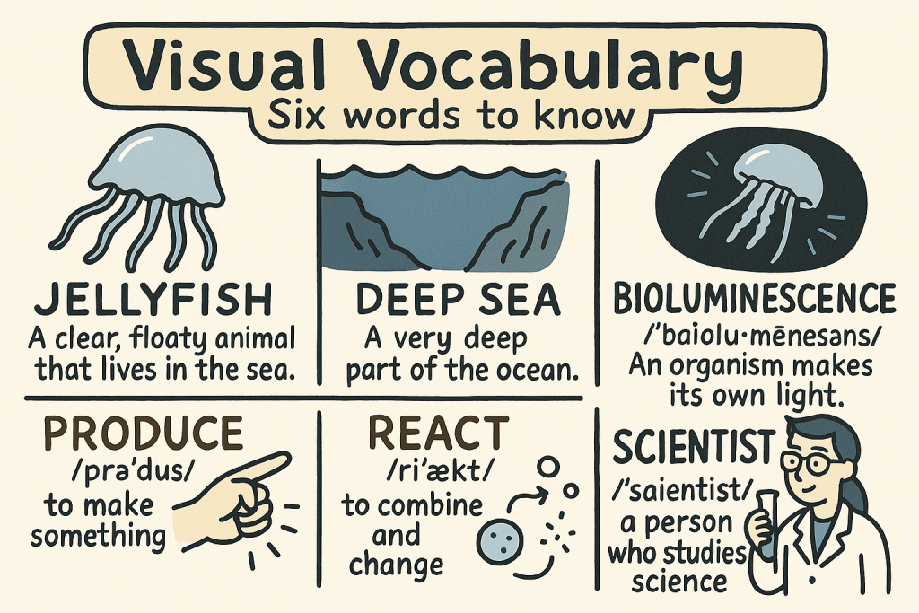 jellyfish,deep sea,produce,bioluminescence,react,scientistの英単語の意味をイラストで解説