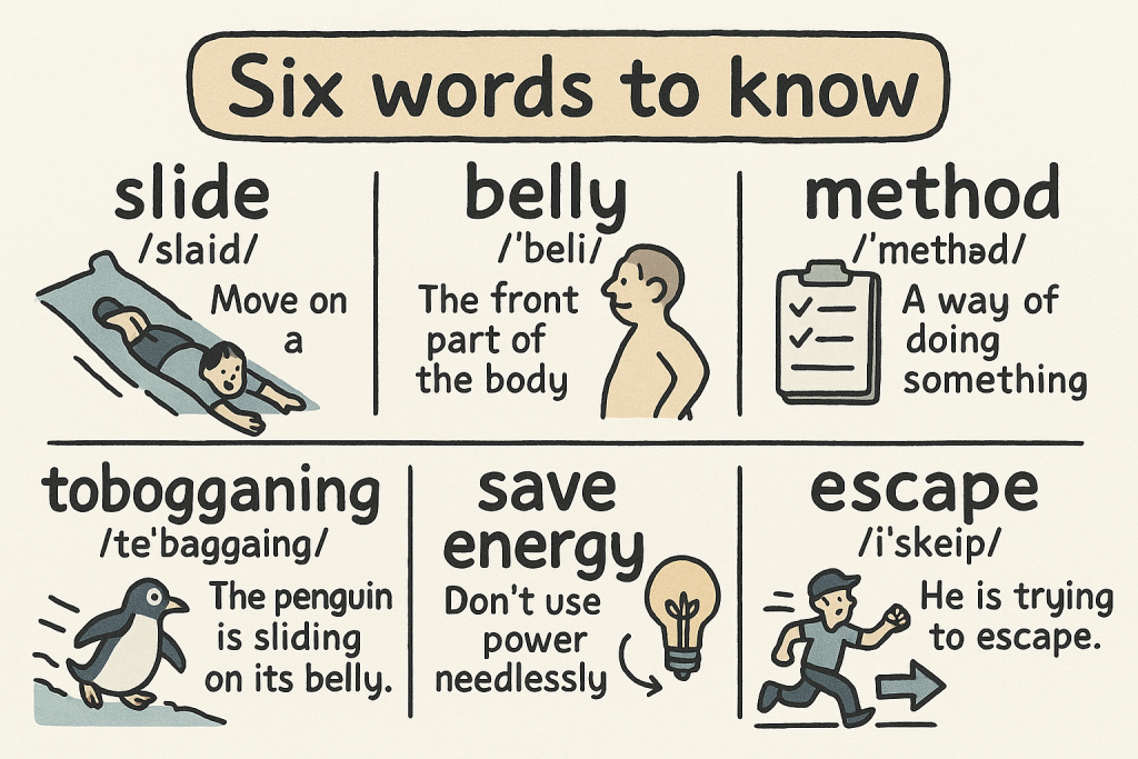 slide,belly,method,tobogganing,save energy,escapeの英単語の意味をイラストで解説