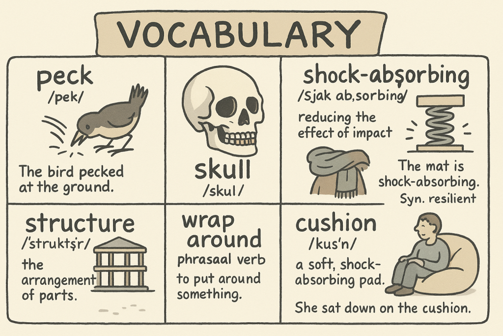peck,skull,shock-absorbing,structure,wrap around,cushionの英単語の意味をイラストで解説