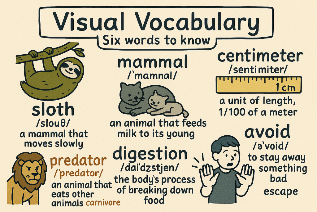 sloth,mammal,centimeter,predator,digestion,avoidの英単語の意味をイラストで解説