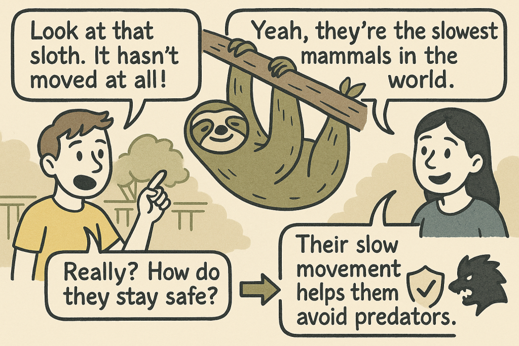 動物園でナマケモノを観察する二人の会話を手描きイラストで再構成し、“slowest mammals”“avoid predators”を可視化した英会話学習用画像