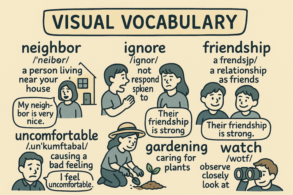 neighbor,ignore,friendship,uncomfortable,gardening,watchの英単語の意味をイラストで解説