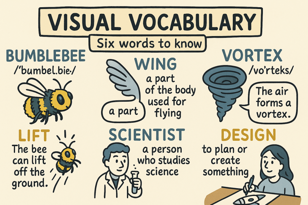 bumblebee,wing,vortex,lift,scientist,designの英単語の意味をイラストで解説
