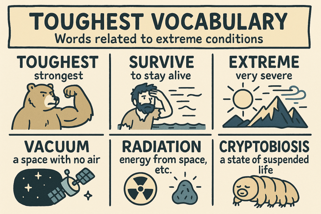 toughest,survive,extreme,vacuum,radiation,cryptobiosisの英単語の意味をイラストで解説