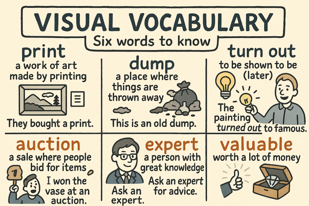 print,dump,turn out,auction,expert,valuable の英単語をイラストで解説