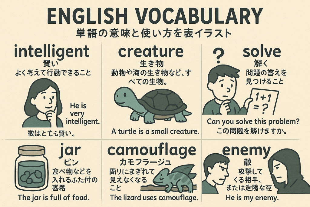 intelligent,creature,solve,jar,camouflage,enemyの英単語の意味をイラストで解説