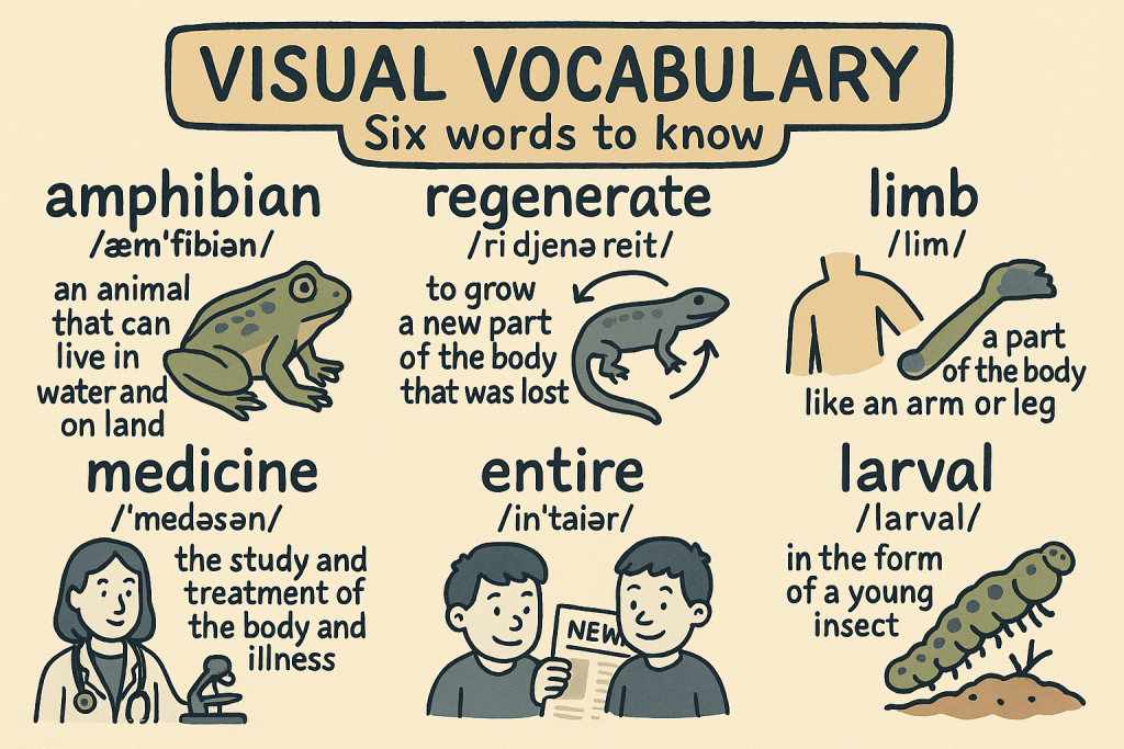 amphibian,regenerate,limb,medicine,entire,larvalの英単語の意味をイラストで解説