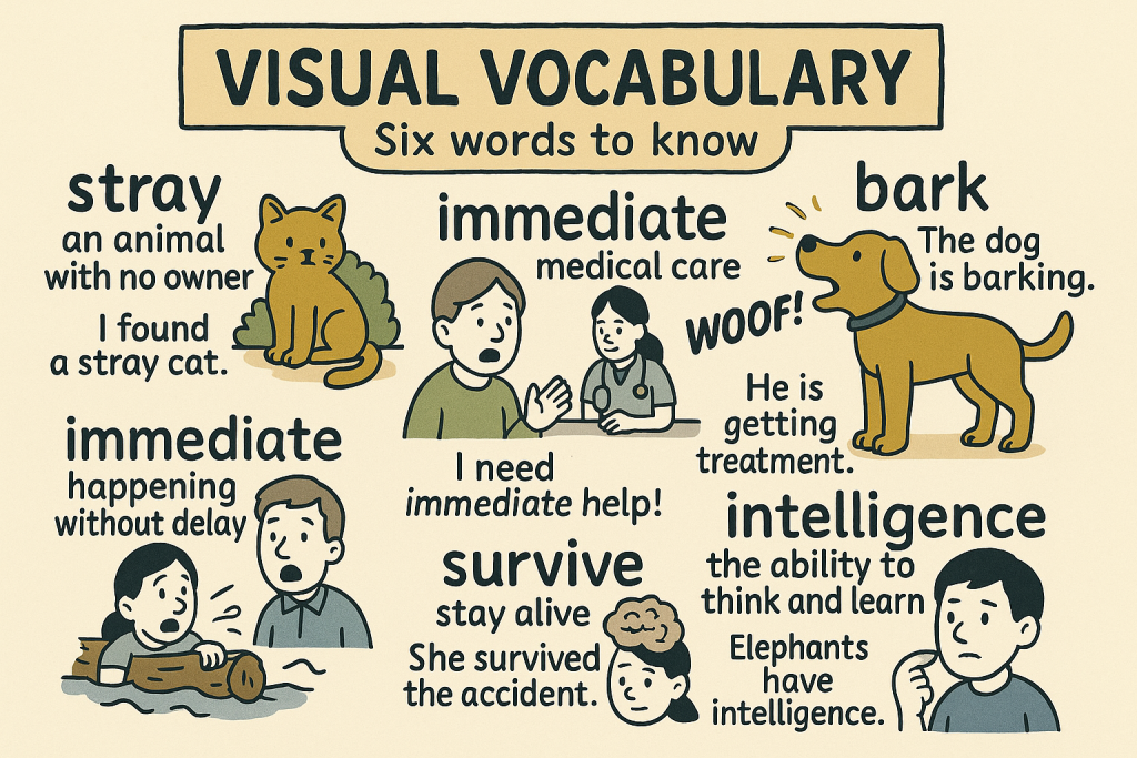stray,bark,immediate,treatment,survive,intelligenceの英単語の意味をイラストで解説