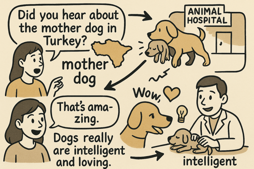 母犬が子犬を動物病院に運んだ感動的な話を会話形式で描いた英語学習用ストーリーイラスト。