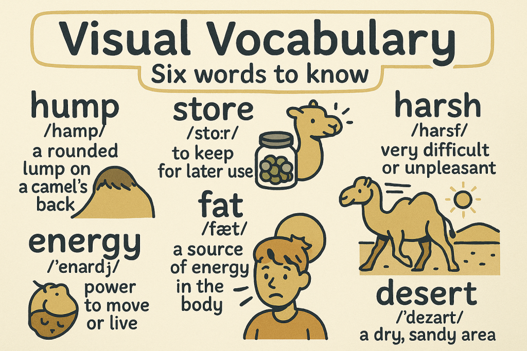 hump,store,fat,energy,harsh,desertの英単語の意味をイラストで解説