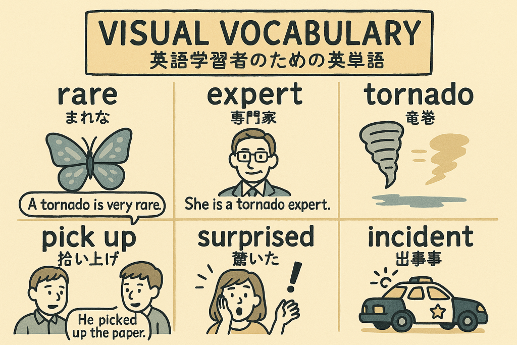 rare,expert,tornado,pick up,surprised,incidentの英単語の意味をイラストで解説
