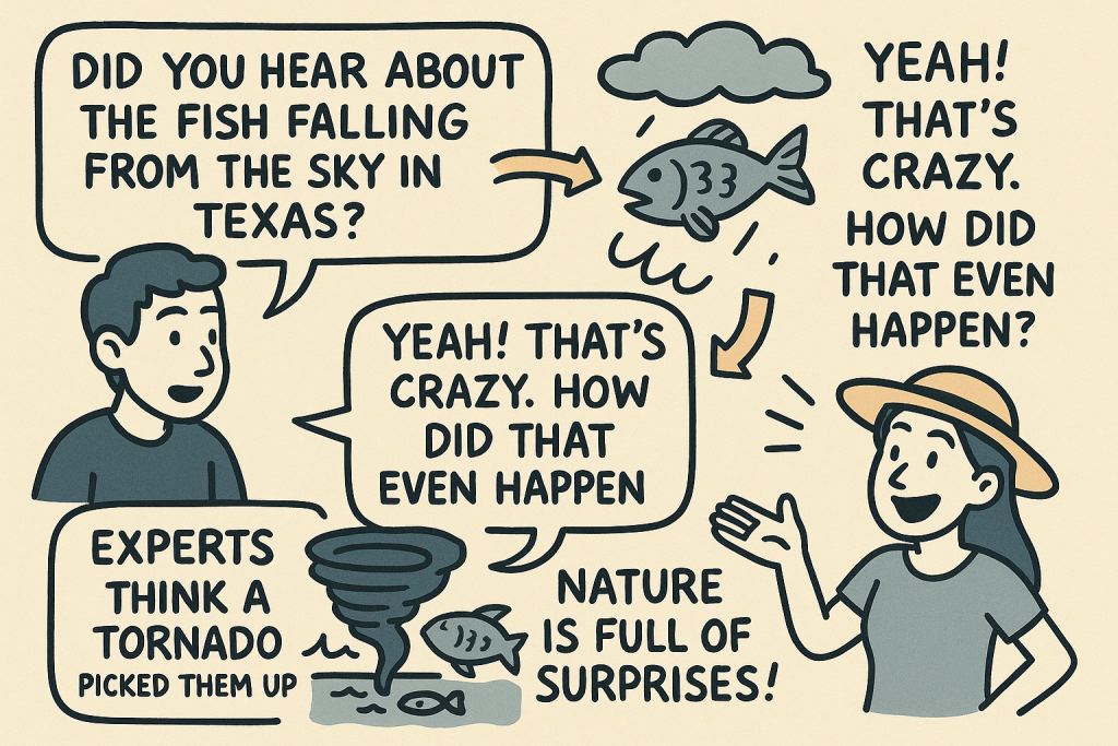 魚が空から降った話題を英語で会話する様子を視覚化。自然の驚きと英会話表現を楽しく学べるイラスト。