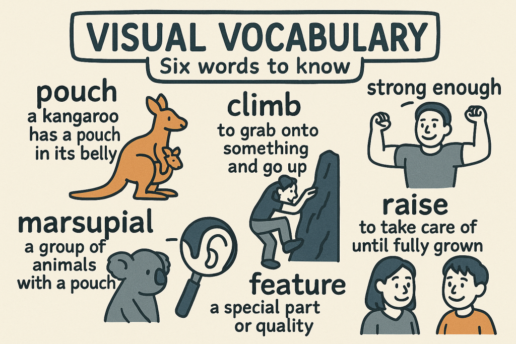 pouch,climb,strong enough,marsupial,feature,raiseの英単語の意味をイラストで解説