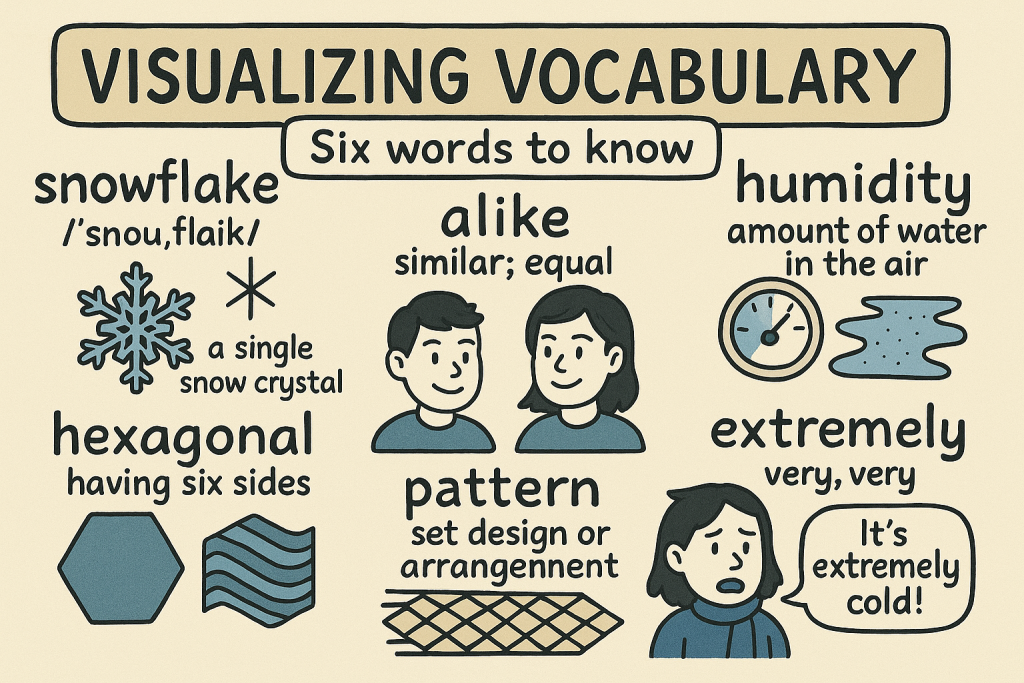 snowflake,alike,humidity,hexagonal,pattern,extremelyの英単語の意味をイラストで解説
