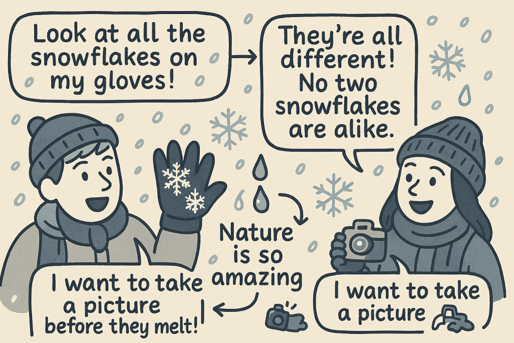 雪の日の会話を通じて「No two snowflakes are alike」などの英語表現を学べる手描き風グラレコイラスト。