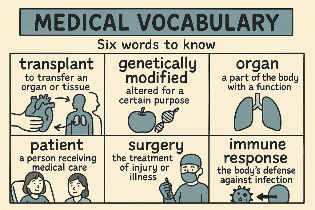 transplant,genetically modified,organ,patient,surgery,immune responseの英単語の意味をイラストで解説