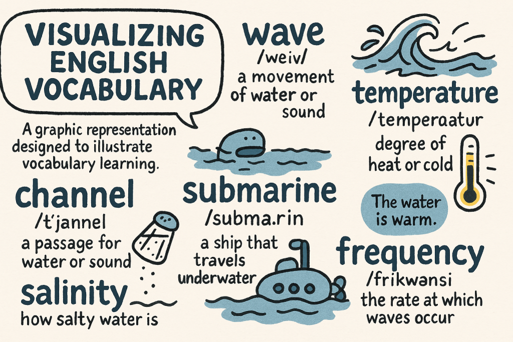 channel,wave,temperature,salinity,submarine,frequencyの英単語の意味をイラストで解説