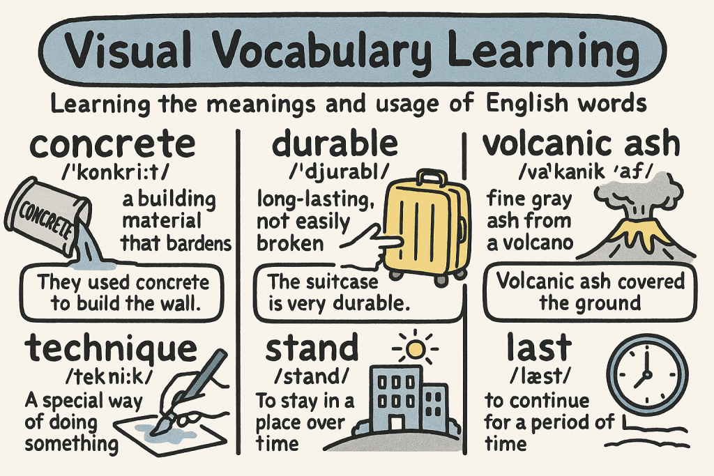 concrete,durable,volcanic ash,technique,stand,last の英単語をイラストで解説