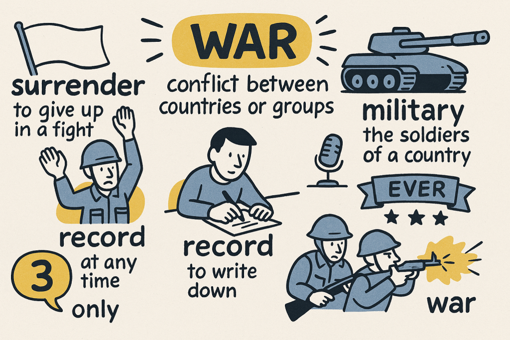 war,surrender,military,record,ever,justの英単語の意味をイラストで解説